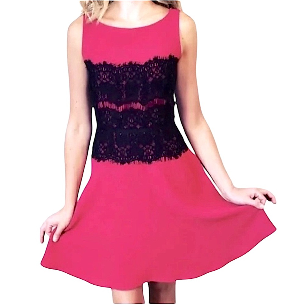 LOFT Hot Pink Fuchsia Black Lace Fit & Flare Dress Sz 4P